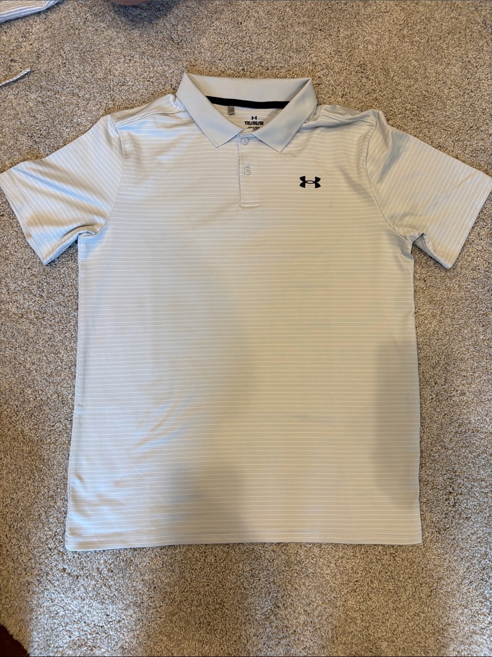 Under Armour Gray and White Striped Kids Polo Shirt. Size L
